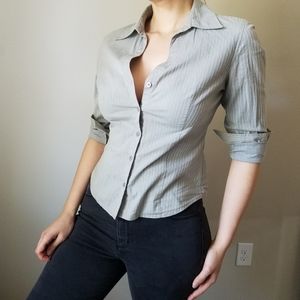 Cotton Grey Striped V-Neck Button Dow…